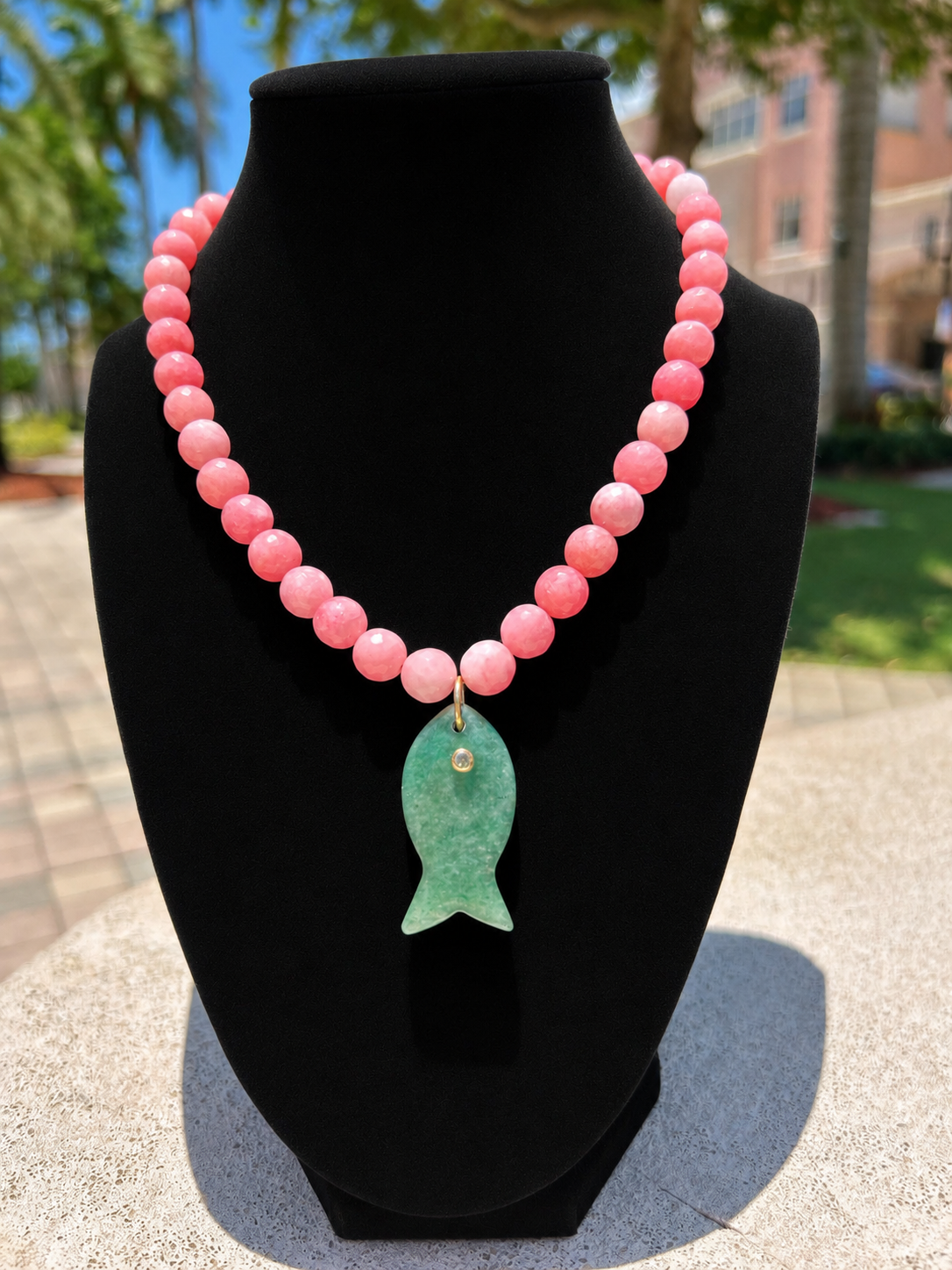 Watermelon Beaded Jade fish necklace